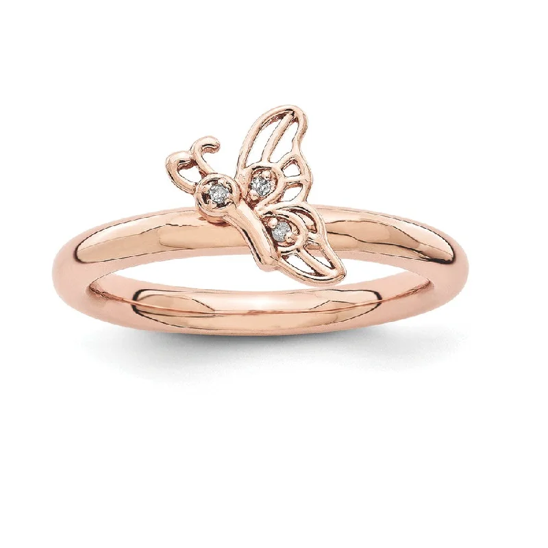 Engagement rings with subtle engraved turquoise bands -Rose Gold Tone Sterling Silver .015 Ctw Diamond Butterfly Stack Ring