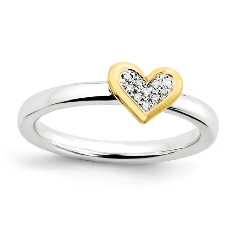 Engagement rings with vintage oxidized gold finish -Sterling Silver .04 Ctw Diamond & 14k Vermeil 8mm Heart Stack Ring