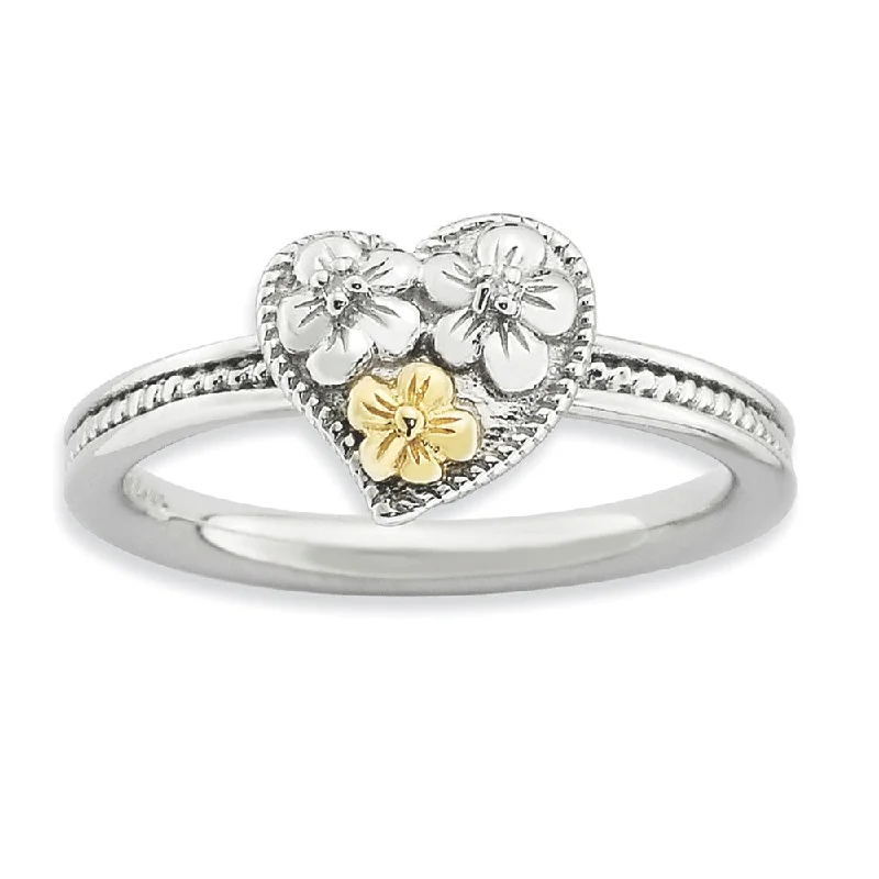 Engagement rings with modern open-band opal -Sterling Silver, 14k Gold Plated & Diamond 9mm Floral Heart Stack Ring