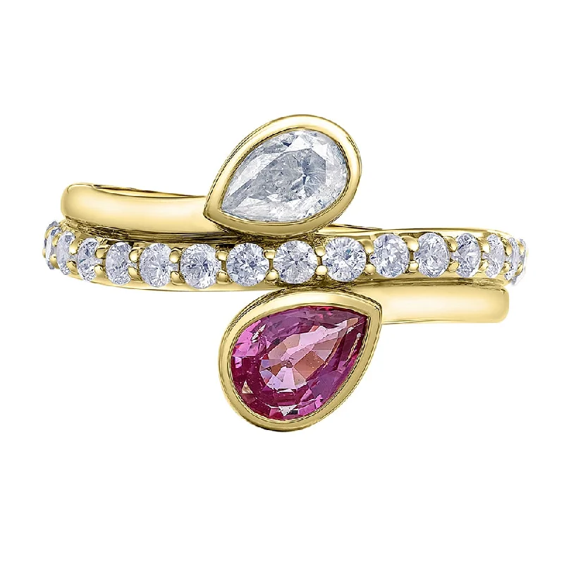 Gold engagement rings with pear-cut sapphire gems -Toi-Et-Moi Bezel Set Pear Canadian Diamond and Pink Sapphire Ring