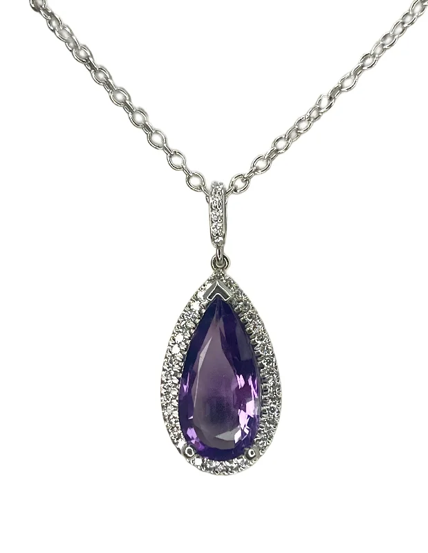 Necklaces and pendants with clear quartz for a pure and radiant look-14k White Gold Amethyst and .43cttw Diamond Halo Pear Shaped Pendant