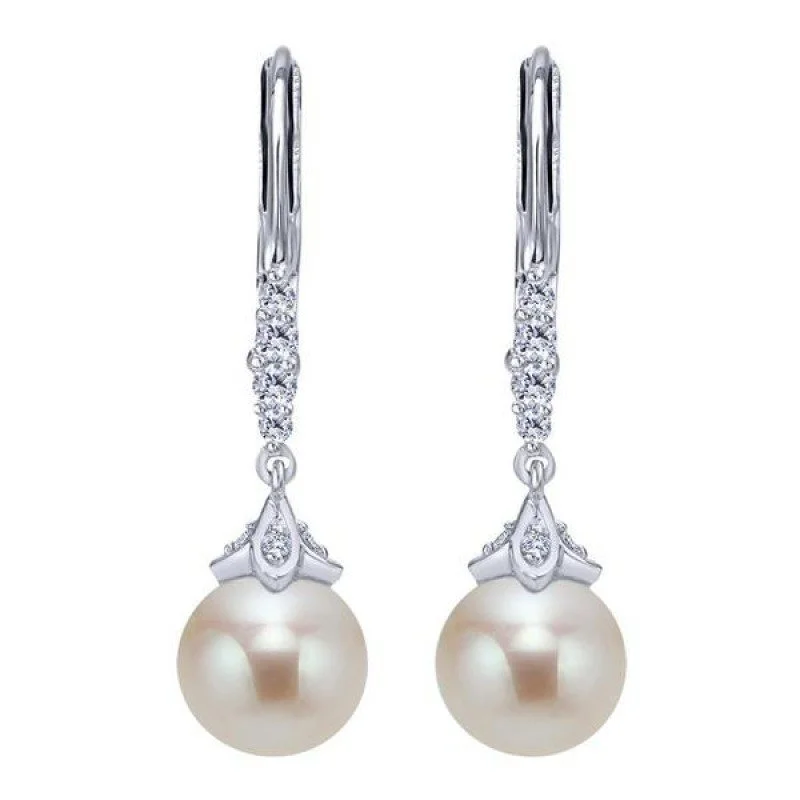 Drop Earrings for Office Wear -Diamond And Pearl Vintage Style Drop Earrings 14K White Gold