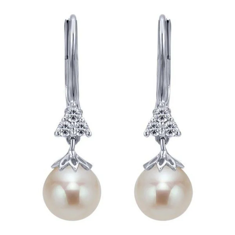 Large Drop Earrings for Statement -Pearl And Diamond Vintage Style Earrings 14K White Gold