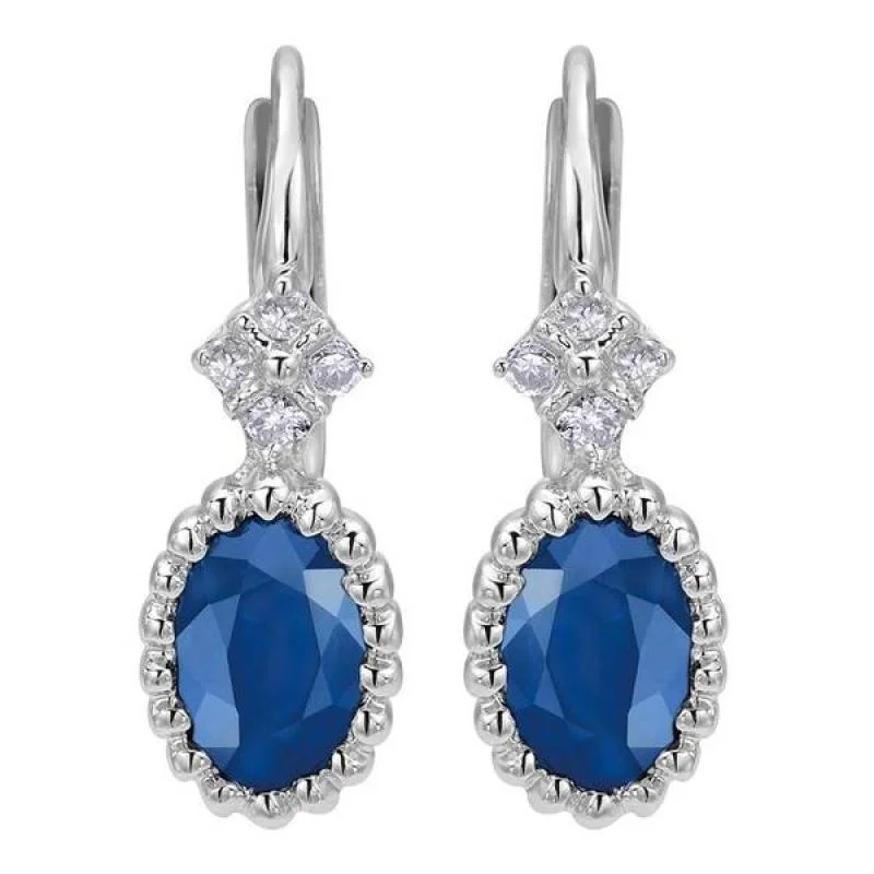 Short Drop Earrings for Subtle -Sapphire and Diamond Oval Drop Earrings 14K White Gold