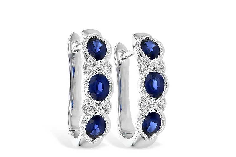 Drop Earrings for Work Attire -14K White Gold Vintage Inspired Oval Blue Sapphire & Diamond Huggie Earrings