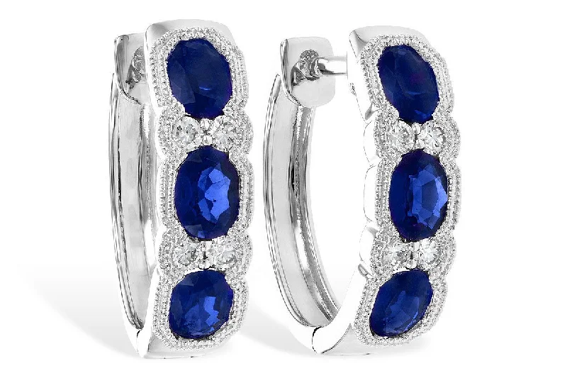 Drop Earrings with Infinity Symbols -14K White Gold Vintage Inspired Oval Sapphire and Diamond Huggie Earrings