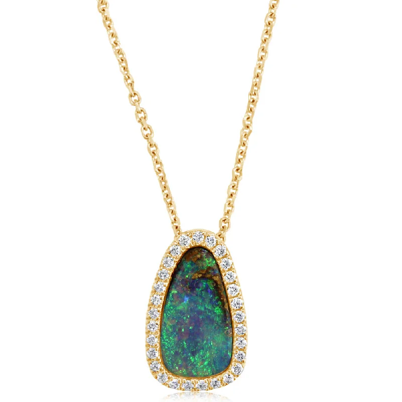 Best necklaces and pendants with intricate beadwork for a bohemian-inspired look-14K Yellow Gold Australian Boulder Opal /Diamond Pendant