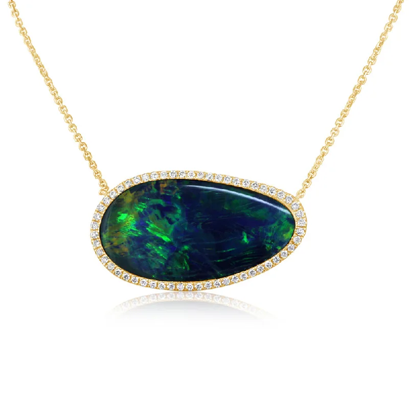 Necklaces and pendants with diamond pendants for a luxurious sparkling effect-14K Yellow Gold Australian Opal Doublet /Diamond Neckpiece