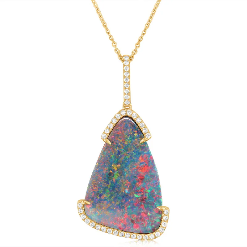 Trendy necklaces and pendants with geometric shapes for a modern aesthetic-14K Yellow Gold Australian Opal Doublet/Diamond Pendant