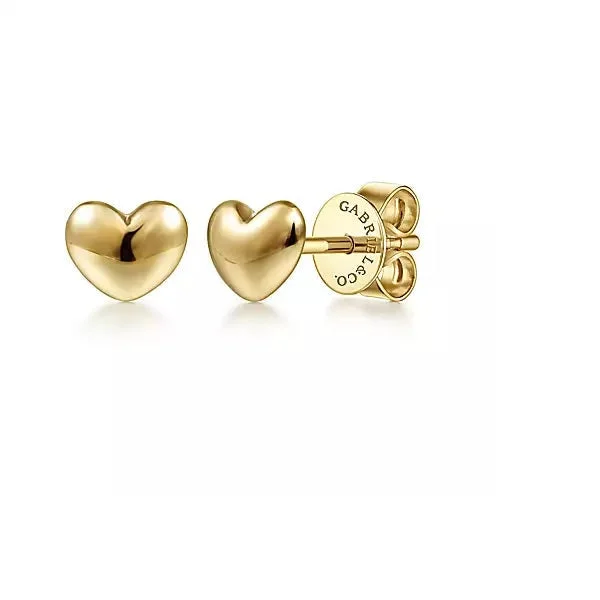 Drop Earrings with Abstract Designs -14K Yellow Gold Puff Heart Stud Earrings