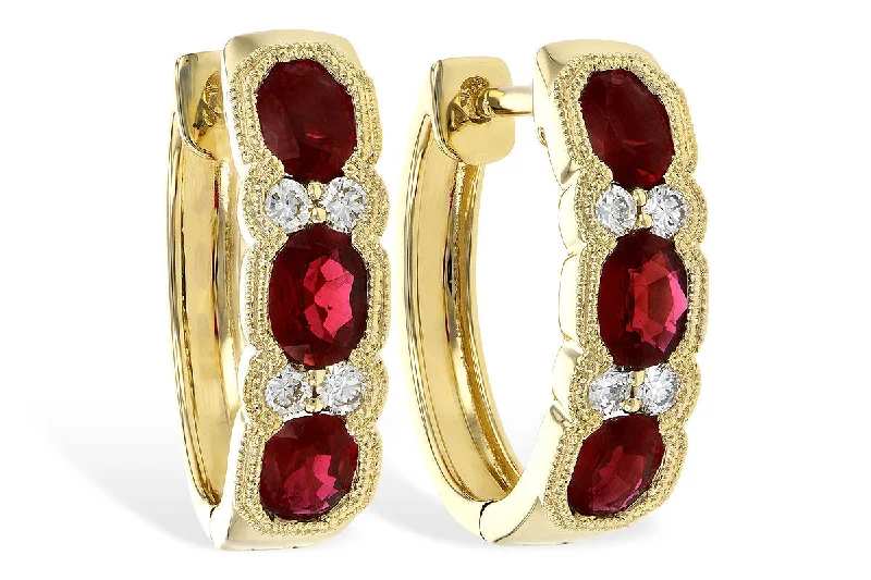 Drop Earrings with Floral Motifs -14K Yellow Gold Vintage Inspired Oval Ruby & Diamond Huggie Earrings