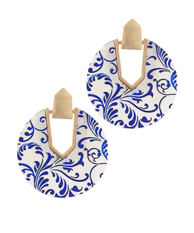 Drop Earrings with Leaf Motifs -Blue Pattern Dangle Earrings