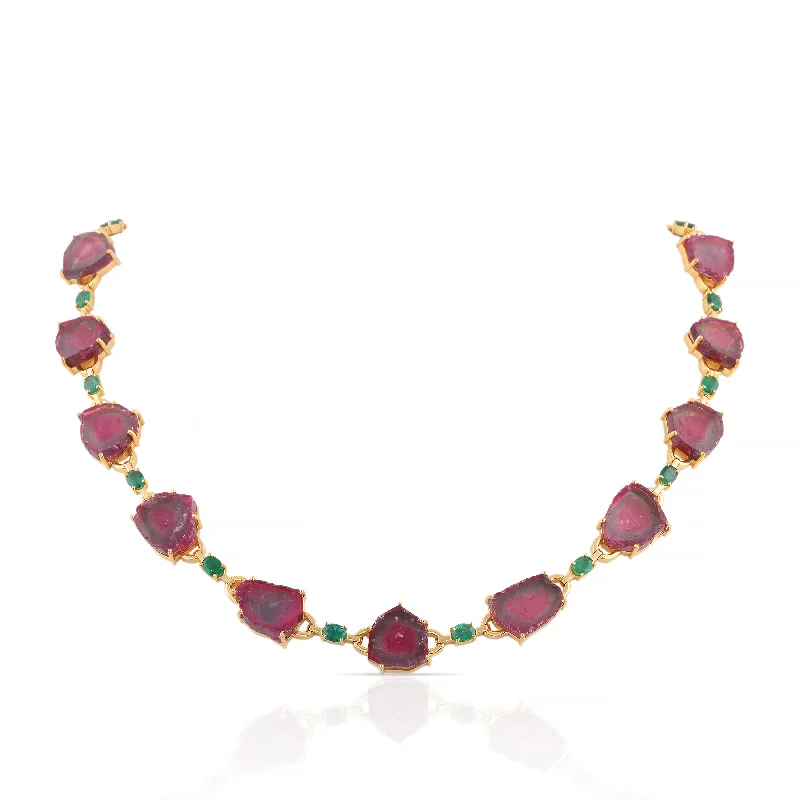 Beautiful necklaces and pendants with diamond-encrusted designs for maximum sparkle-Emerald Oval & Watermelon Tourmaline U/S Necklace In 18K Yellow Gold