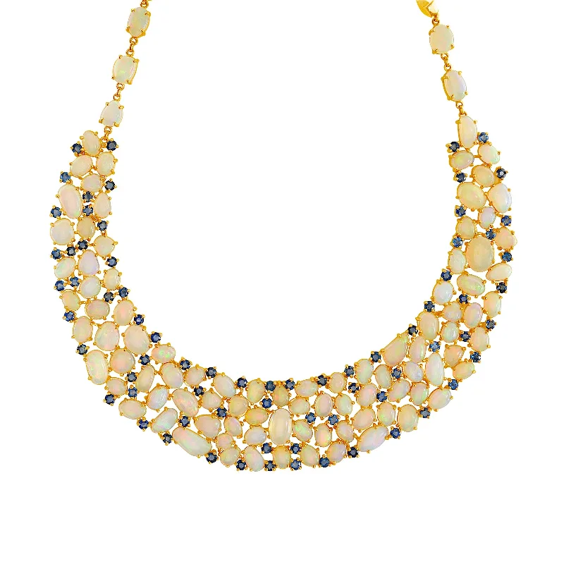 Elegant necklaces and pendants with diamond accents for added sparkle-Ethiopian Opal & Blue Sapphire Necklace In 18K Yellow Gold