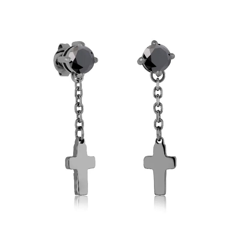 Screw Back Drop Earrings for Security -Italgem Men's Steel CZ Cross Stud Earrings