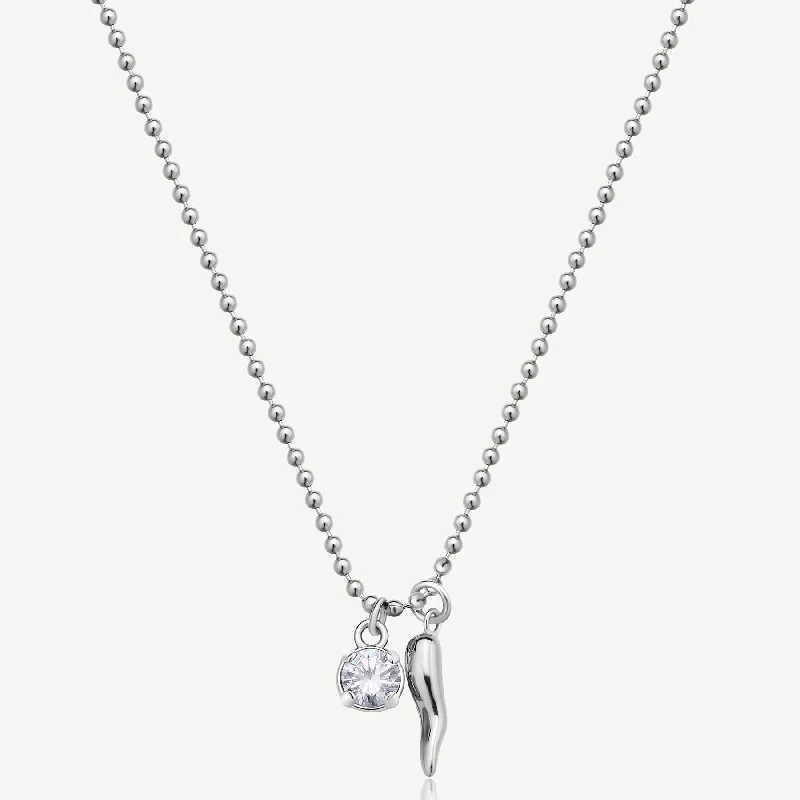 Beautiful necklaces and pendants with gemstone teardrops for an elegant effect-Italian Horn and Crystal Charm Necklace in Stainless Steel