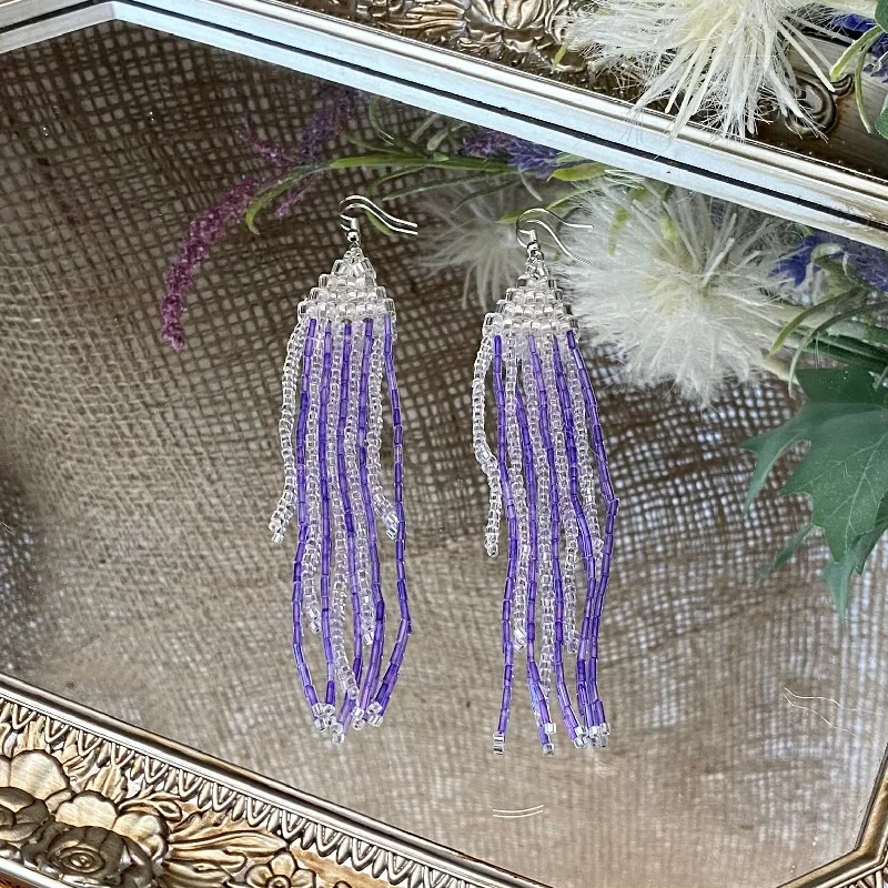 Bohemian Drop Earrings with Tassels -Jellyfish Fringe Earrings - Purple & Silver