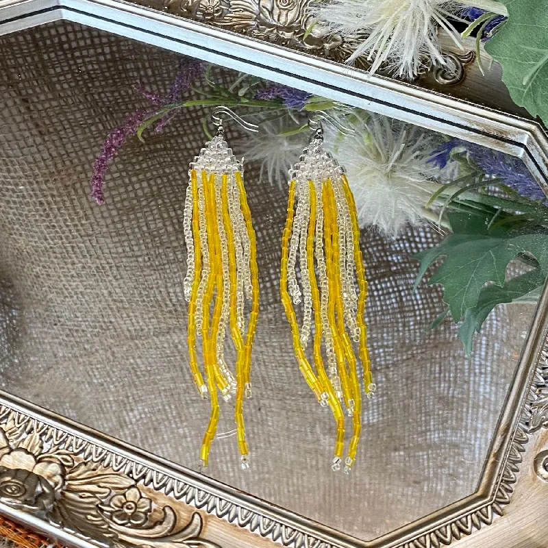 Animal Print Drop Earrings for Fun -Jellyfish Fringe Earrings - Yellow & Silver