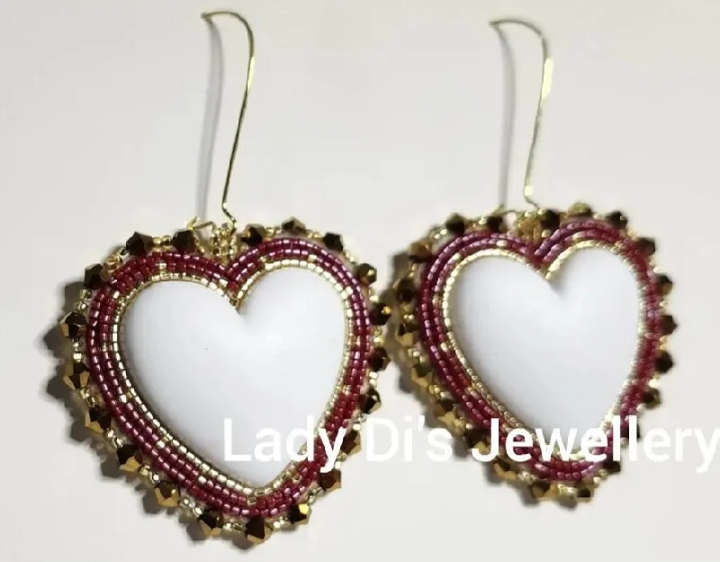 Drop Earrings for Mother's Day -Large Heart Earrings - White, Red & Gold