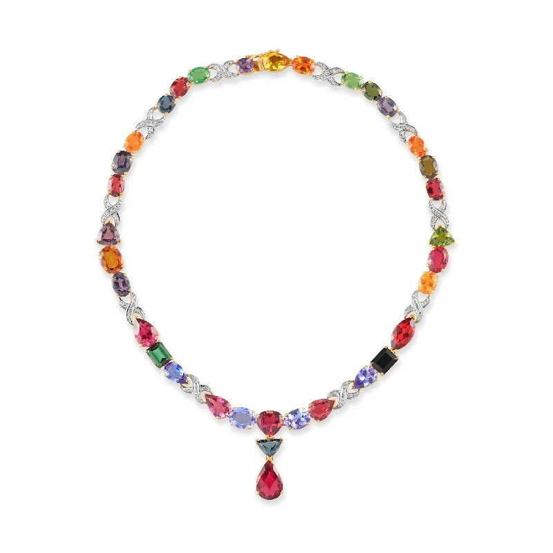 Fashionable necklaces and pendants with birthstones for a personalized gift idea-Multicolor Stone & Diamond Necklace In 18K Yellow Gold