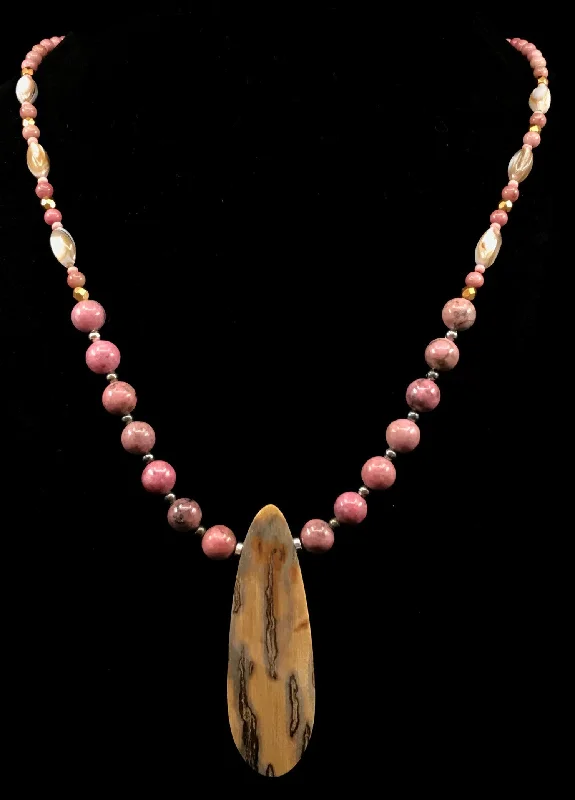 Necklaces and pendants with leaf-shaped designs for an earthy, organic feel-Necklace- Pardue; Mammoth & Rhodonite