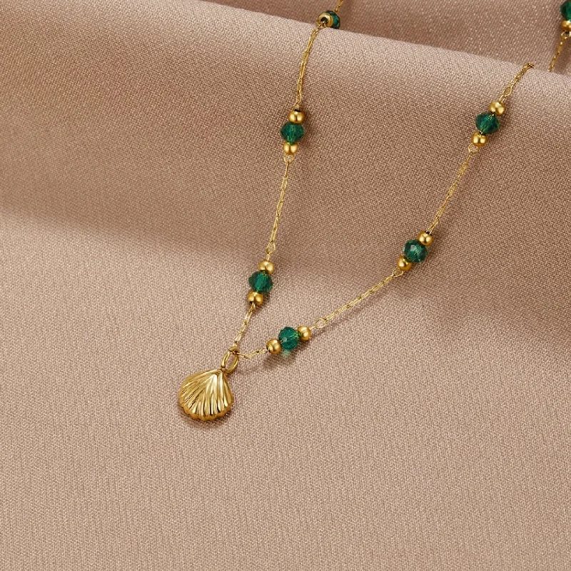 Beautiful necklaces and pendants with diamond halo settings for extra brilliance-Nerissa Gold Shell & Green Bead Necklace