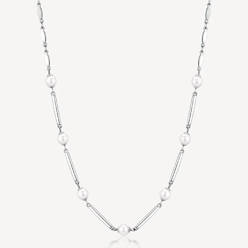 Trendy necklaces and pendants with statement pieces for a bold fashion statement-Pearl and Bar Link Necklace in Stainless Steel