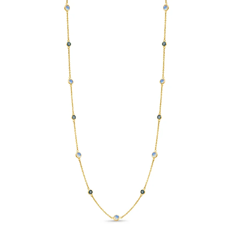 Best necklaces and pendants with rose gold for a warm and romantic appeal-Rainbow Moonstone & Blue Diamond Round Necklace In 18K Yellow Gold