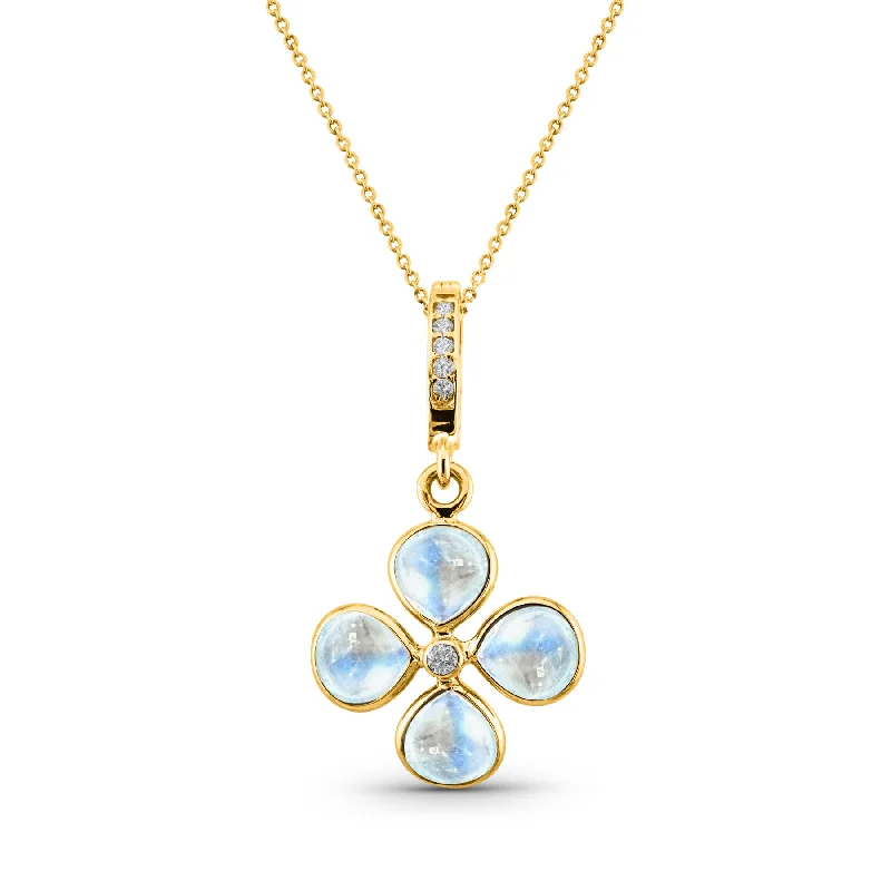 Stunning necklaces and pendants with amethyst gemstones for a calming effect-Rainbow Moonstone & Diamond Four Leaf Clover Pendant In 18K Yellow Gold