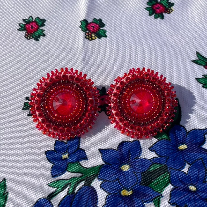 Drop Earrings with Floral Motifs -Red Beaded Earrings