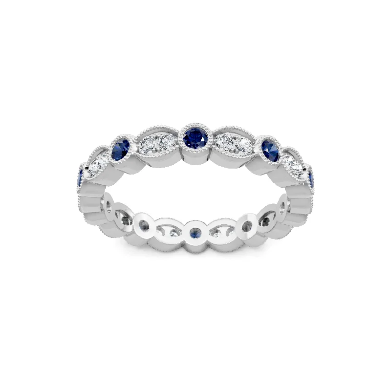 Necklaces and pendants with matching rings for a coordinated set of jewelry-Round Diamond and Blue Sapphire Milgrain Eternity Band