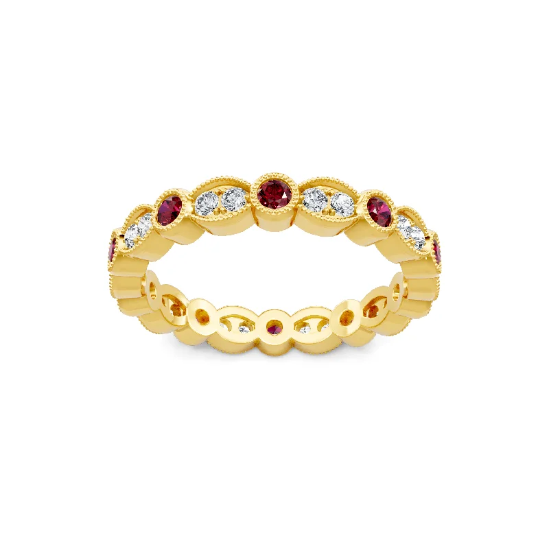 Beautiful necklaces and pendants with geometric shapes for a modern, artistic design-Round Diamond and Ruby Milgrain Eternity Band