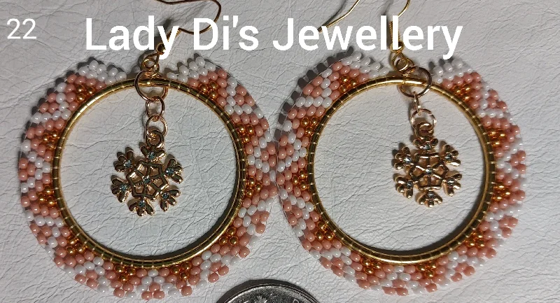 Drop Earrings with Debossed Designs -Round Earrings - Pink & Gold