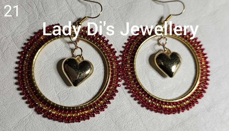 Drop Earrings with Embossed Patterns -Round Earrings - Red & Gold