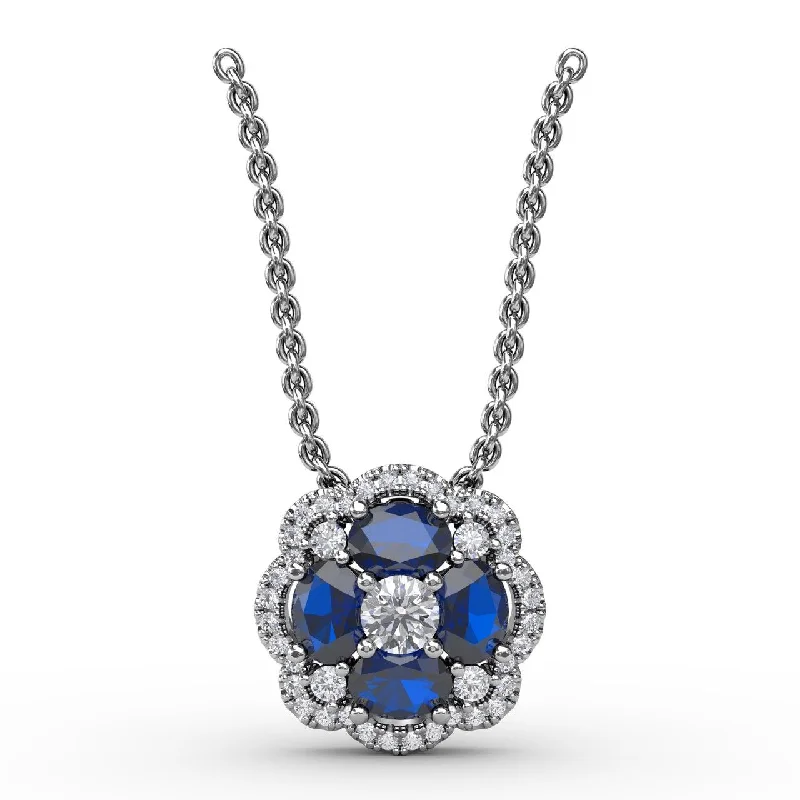 Unique necklaces and pendants with vintage-inspired designs for timeless appeal-Sapphire & Diamond Cluster Necklace in 14K White Gold