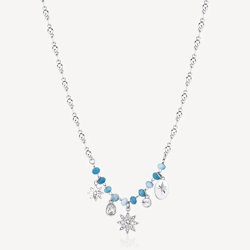 Beautiful necklaces and pendants with moon and star charms for a dreamy effect-Star Charm, Crystal and Chalcedony Necklace in Stainless Steel