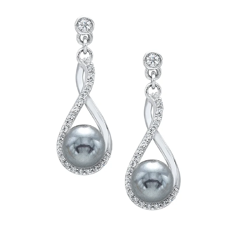 Drop Earrings with Wave Designs -Sterling Silver and CZ Infinity Drop Black Pearl Earrings