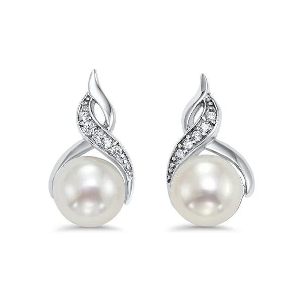 Drop Earrings with Keyhole Designs -Sterling Silver Pearl and CZ Crossover Drop Earrings