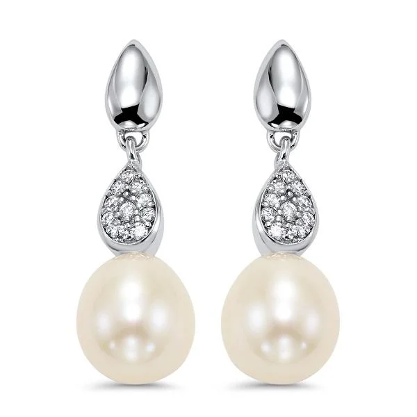 Drop Earrings with Crown Designs -Sterling Silver Pearl and CZ Drop Earrings