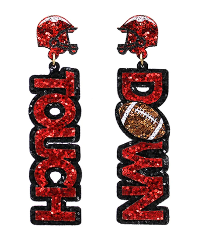 Ethnic Drop Earrings with Tribal Design -Touchdown Red Glitter Earrings