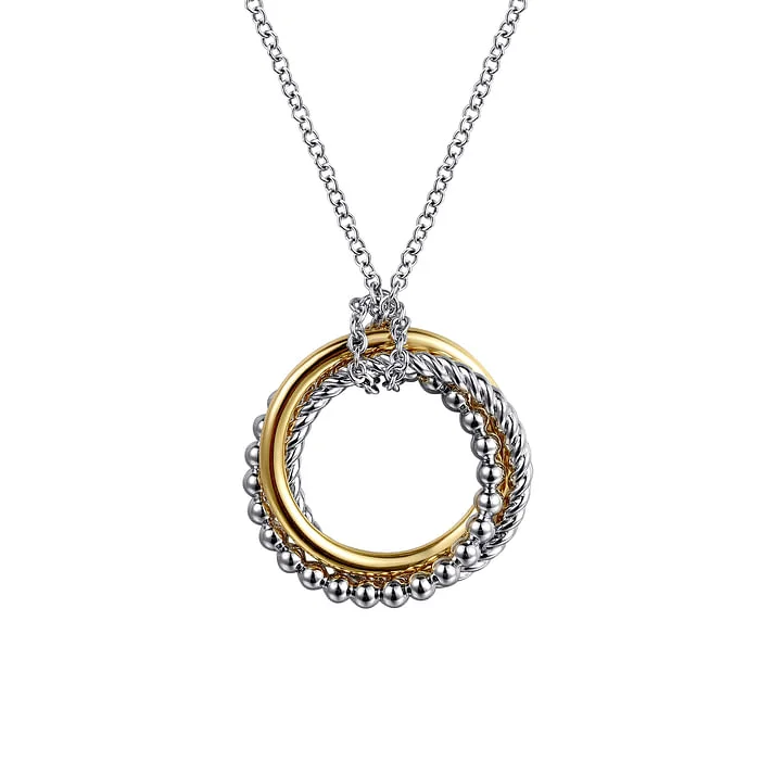 Unique necklaces and pendants with artistic shapes for a creative, one-of-a-kind design-Twisted Rope Multi Circle Pendant Necklace in 14K Yellow Gold & Sterling SIlver