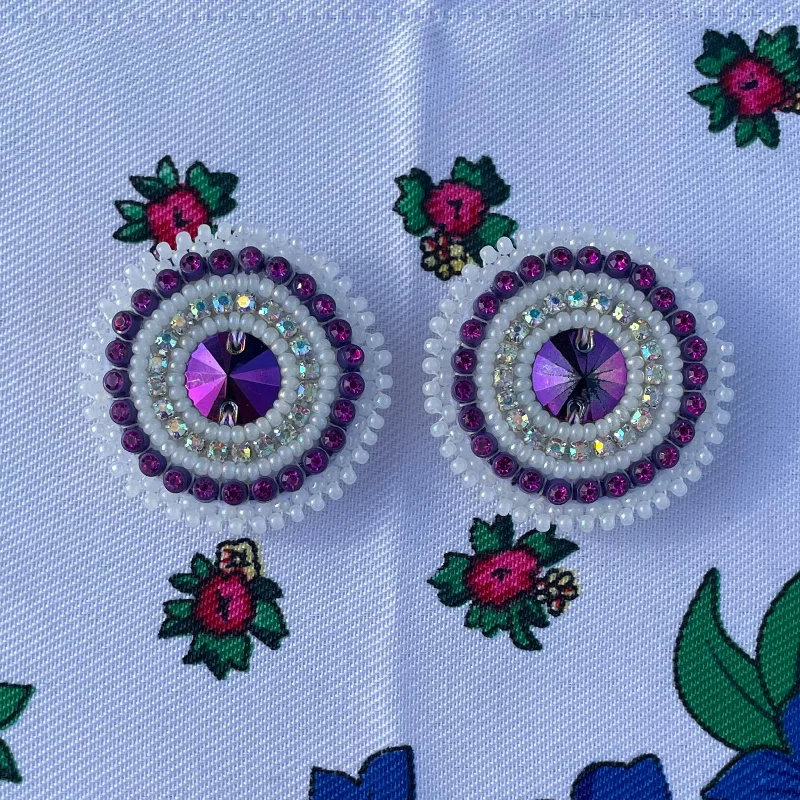 Drop Earrings with Abstract Designs -White & Purple Beaded Earrings