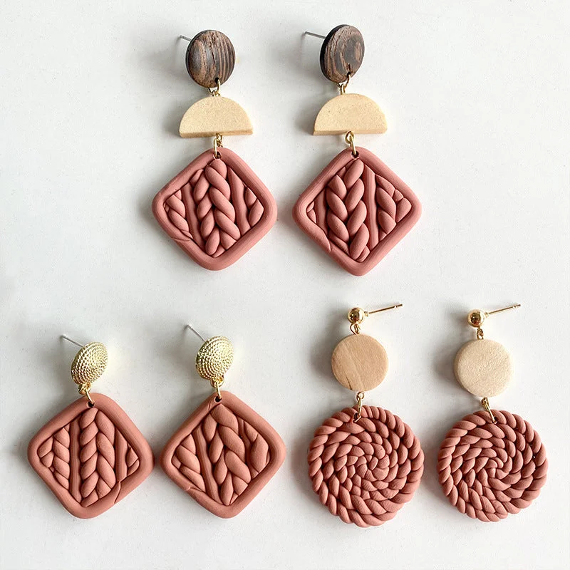 African Drop Earrings with Culture -Wholesale 2 Pairs/pack Handmade Geometric Woven Geometric Embossed Polymer Earrings