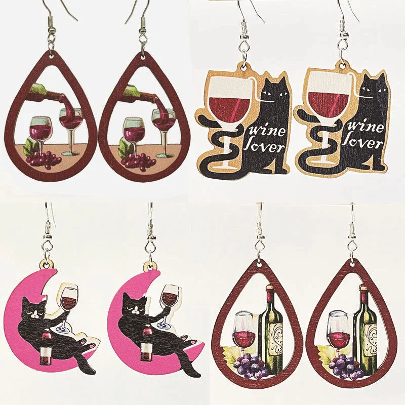 Nickel Free Drop Earrings for Safety -Wholesale 2 Pairs/pack Red Wine Party Drinking Cat Wooden Earrings