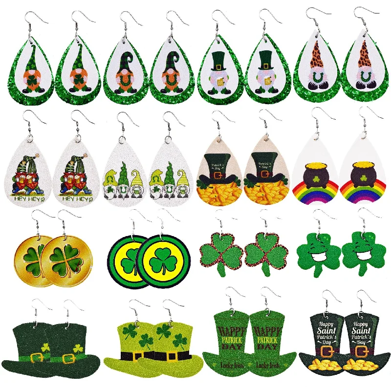 Lightweight Drop Earrings for All Day -Wholesale 30PCS Clover Hat St. Parker's Day Leather Earrings