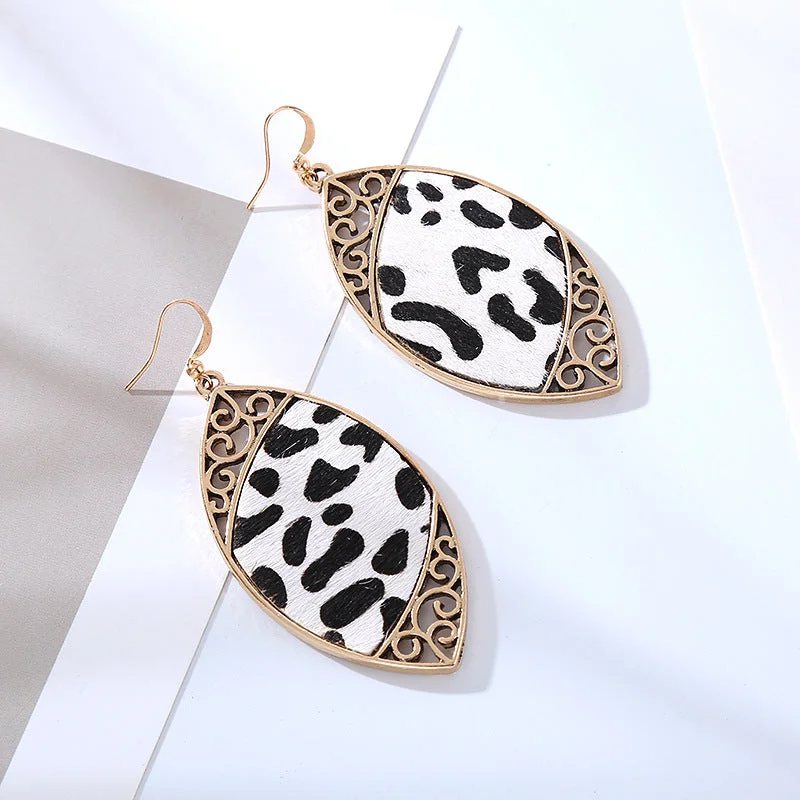 Round Drop Earrings for Classic -Wholesale Alloy Diamond Cow Pattern Leather Earrings