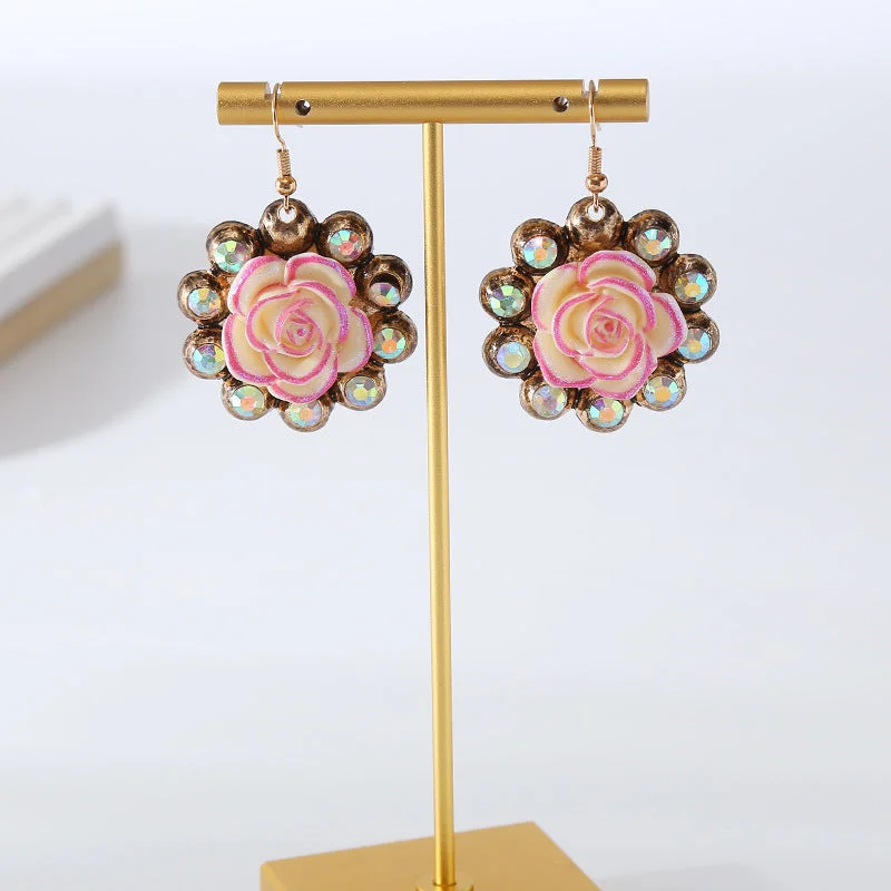 Drop Earrings for Wellness Routine -Wholesale Alloy Diamond Resin Floral Vintage Earrings