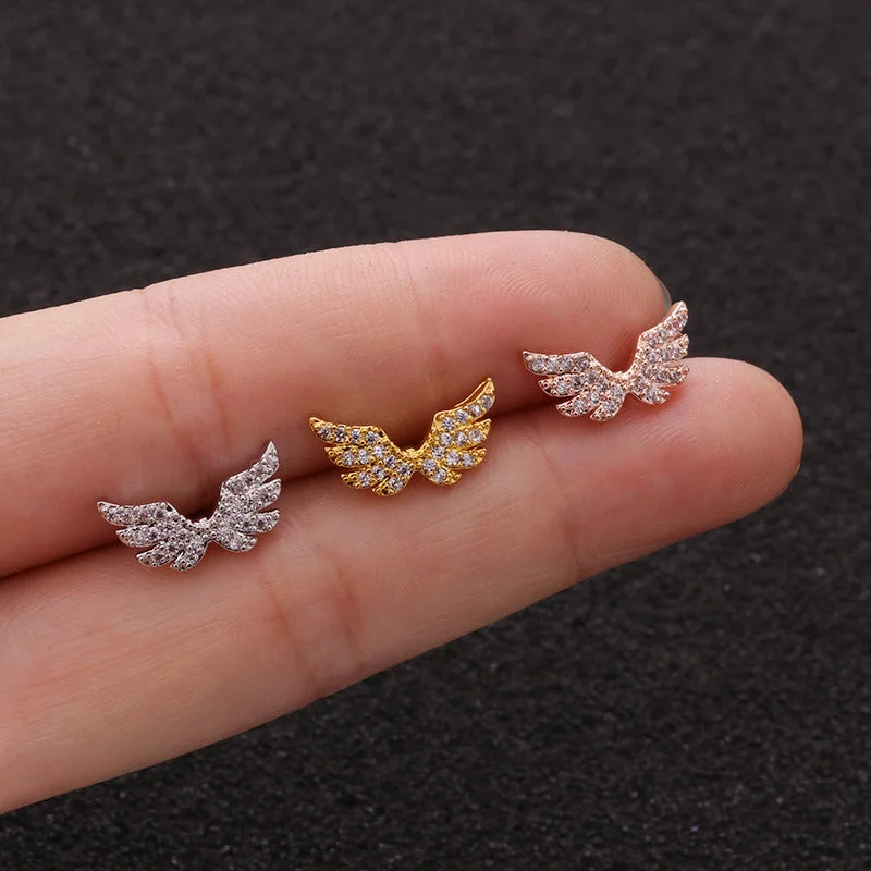 Gold Drop Earrings for Women -Wholesale Angel Wings Zircon Small Earrings Stainless Steel Screw Earrings