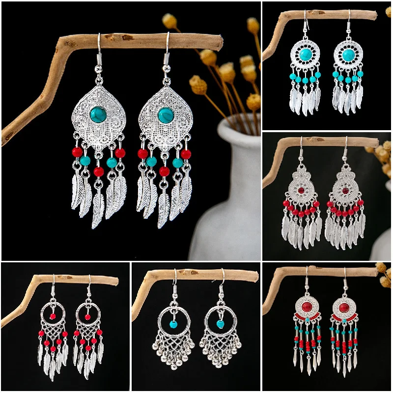 Ethnic Drop Earrings with Tribal Design -Wholesale Bohemian Ethnic Style Feather Tassel Alloy Earrings