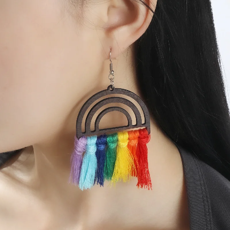 Long Drop Earrings for Dramatic -Wholesale Boho Wooden Rainbow Tassel Hand Braided Earrings